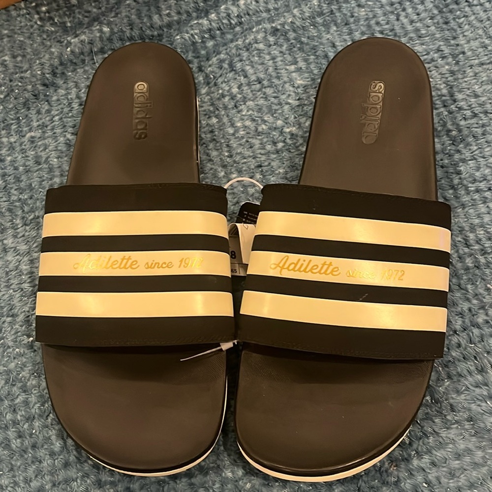 Adidas Adilette Comfort Slides Sandals Black/White MENS Sz 18 Flip FLOP🖤